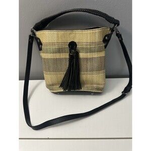 Patricia Nash Raffia Tan Weaved/Black Leather Crossbody Bucket Bag, Crossbody